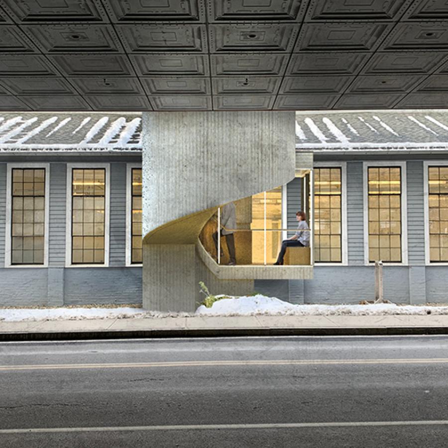 Digital rendering of the exterior of two separate buildings, connected by a modern cement and glass staircase. 