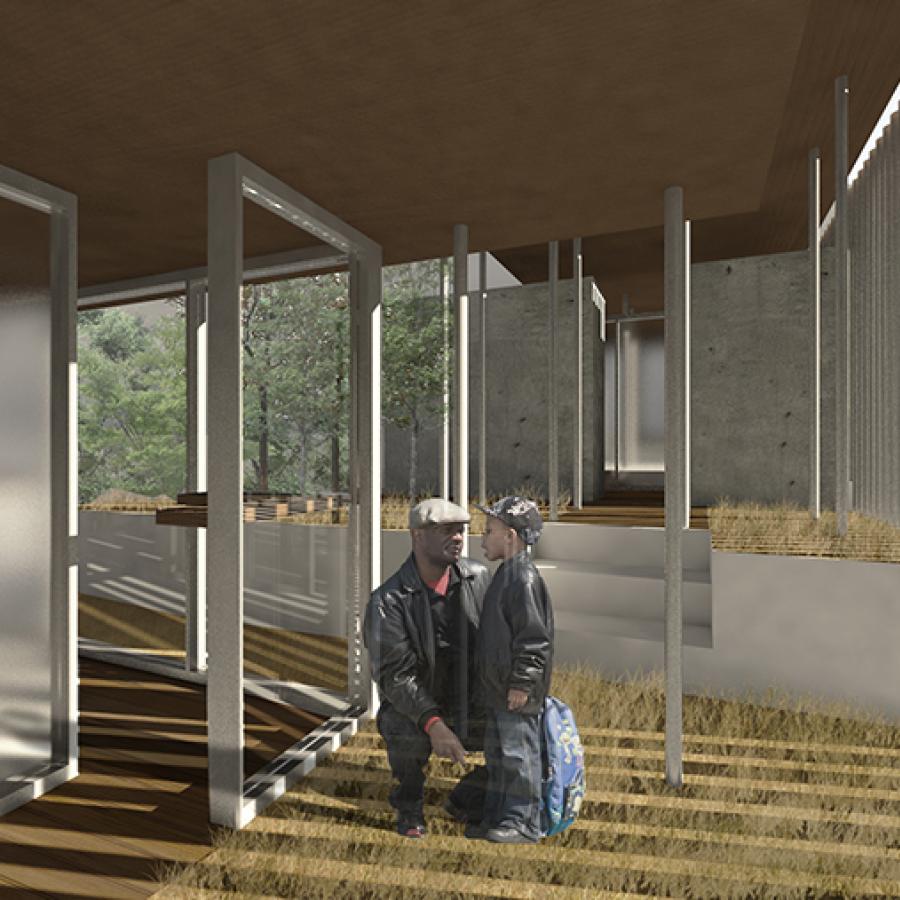 Digital rendering of an architectural structure's interior, whose center is occupied by two individuals. 