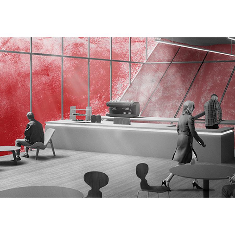 Digital rendering of an architectural structures interior.