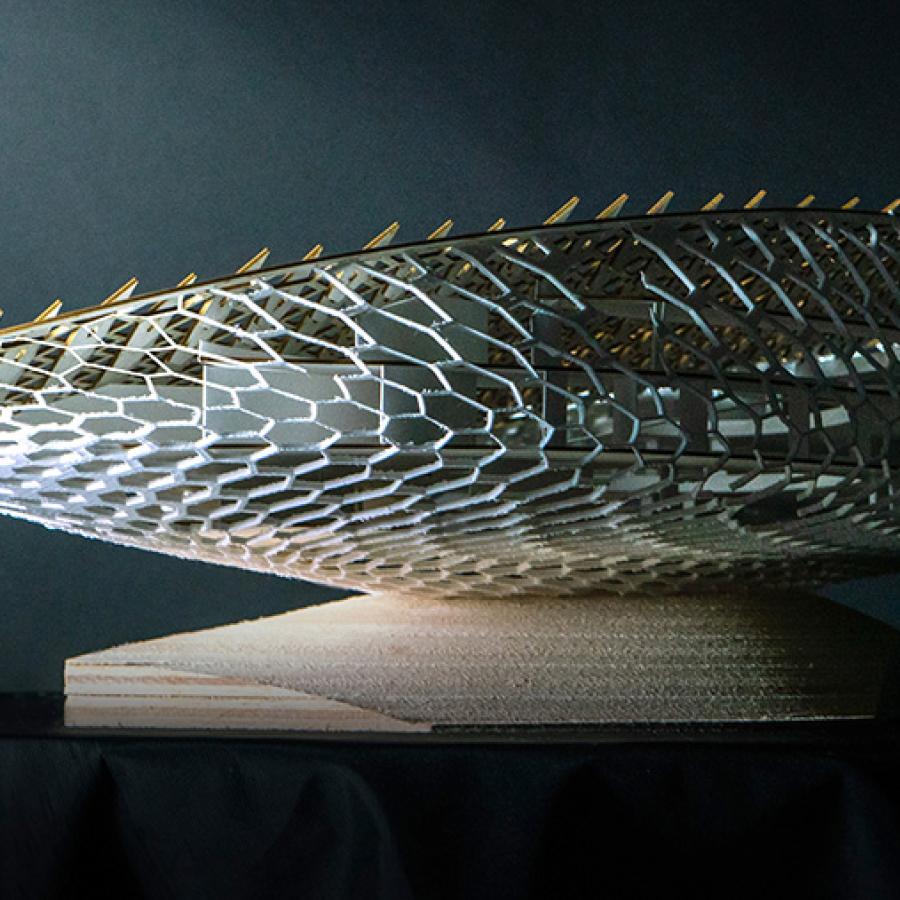 An architectural model consisting of a series of interconnected cell-like structures. 