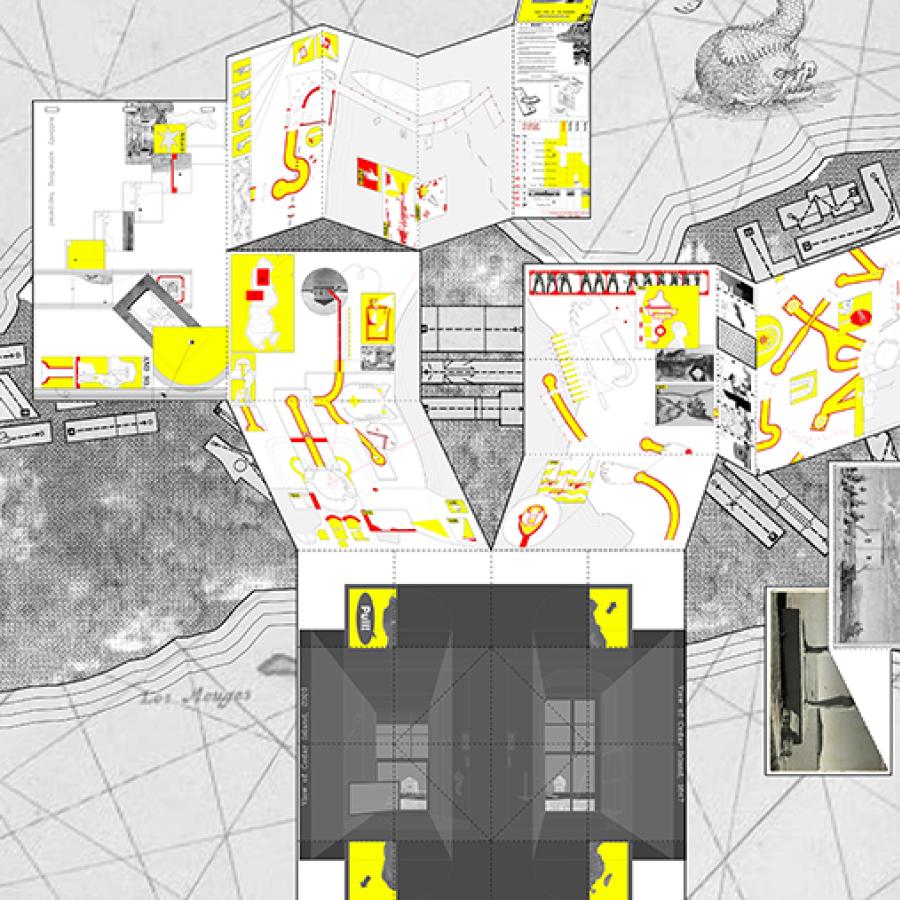 Digital rendering of an architectural structure imposed on top of a map. 