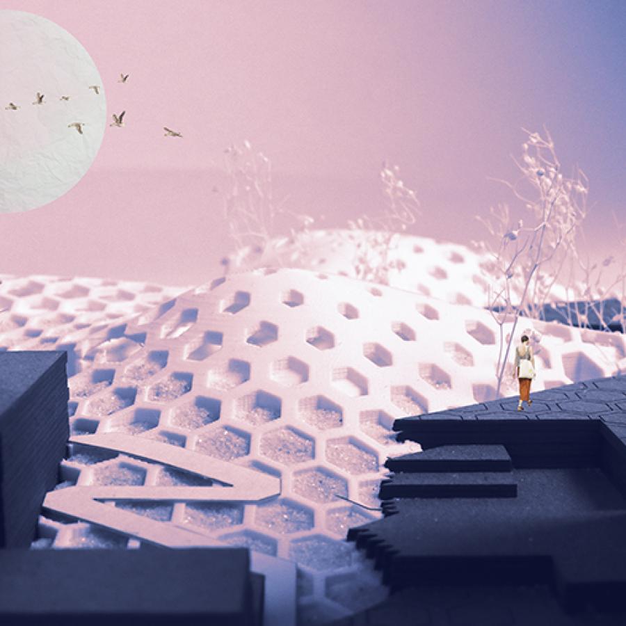 Digital rendering of an architectural structure. 