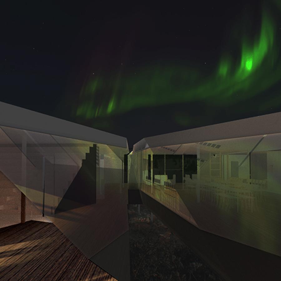 Digital rendering of an architectural structure, with the northern lights occurring in the sky above. 