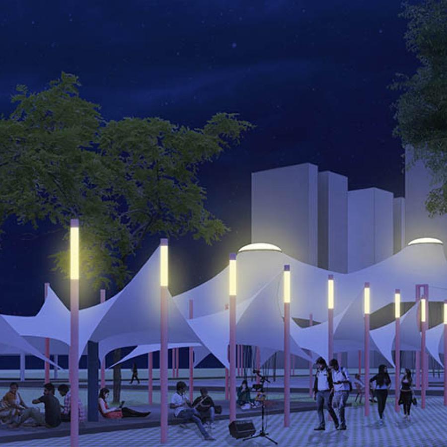 Digital rendering of an outdoor pavilion at night. 