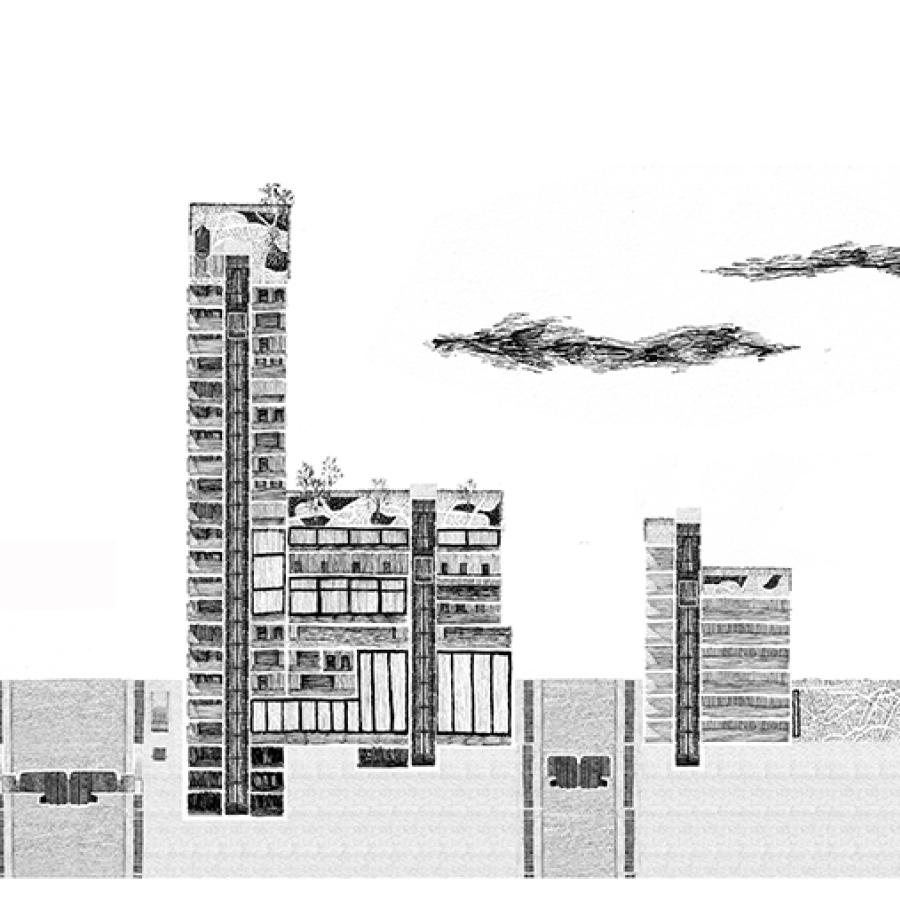 Cross sectional drawing of a city scape. 