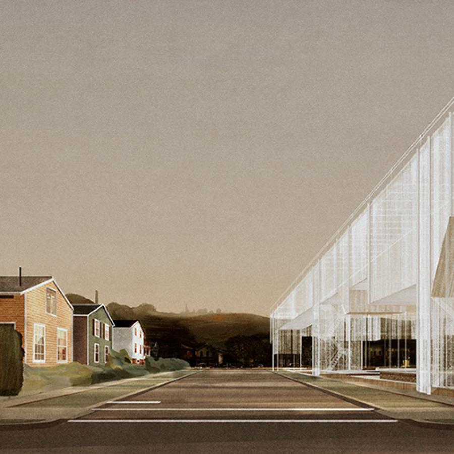 Digital rendering of an architectural structure across from a series of suburban houses. 