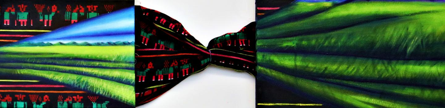 Painted black fabric with green grass, blue sky, with red and green designs on the edge, both on two canvases connected by knot of fabric.