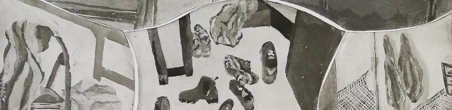 Black and white print of shoes and clothes scattered across the screen.