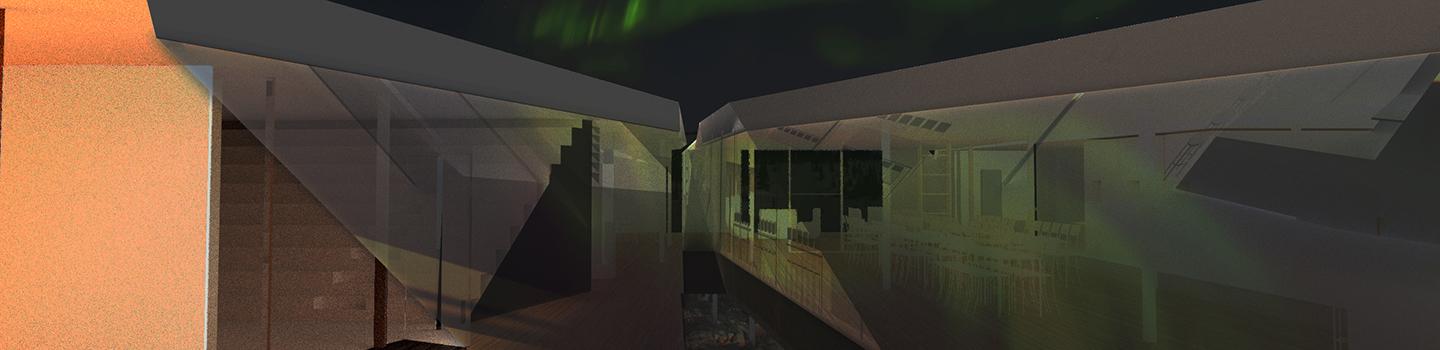 Digital rendering of an architectural structure, with the northern lights occurring in the sky above. 