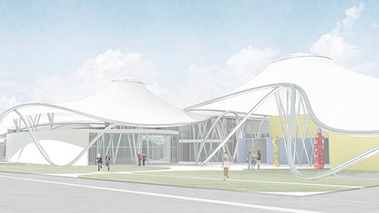 Rendering of white canopied structure