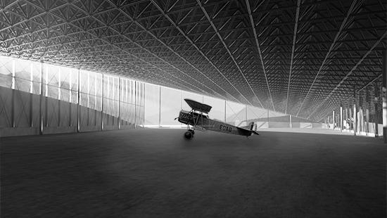 rendering of hangar-like museum space with aircraft on display