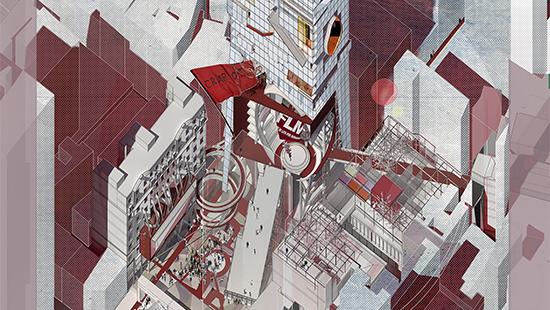 Axonometric drawing toned with red and gray colors and textures of different shades.