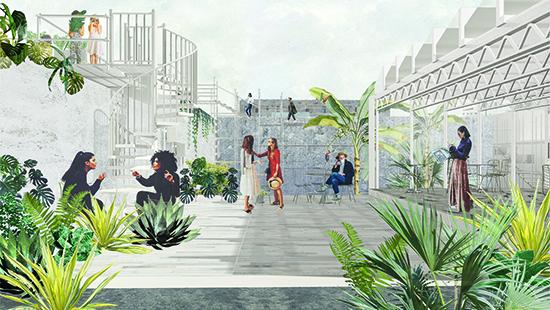 Rendering with collaged textures, vegetation, human figures, and background buildings showing spaces on the ground floor being used as public spaces, restaurants, and with stairs leading up to rooftops used for cultivation.