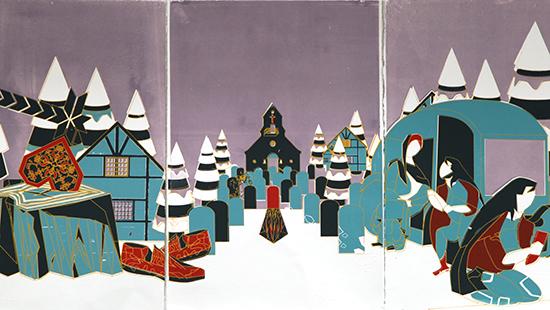Panels featuring a winter scene in a village with teal, white, purple, and red colors.