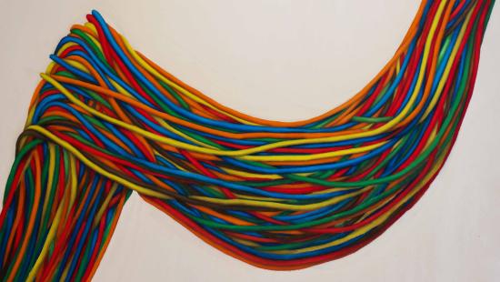 Painting of red, yellow, orange, blue, green colored strings clustered together draped down a blank background.