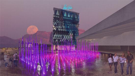 rendering of outside of tall building with neon pink structures in front and a moon in the background