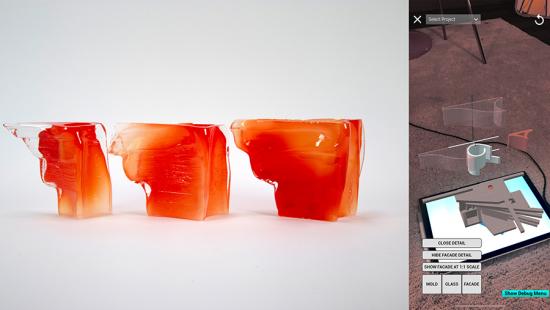 Glass molds adjacent to a digital render.