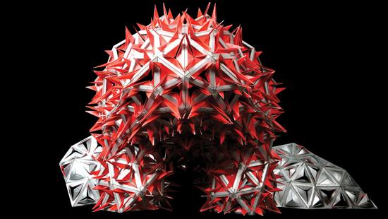 model of structure that is round and covered with red spikes