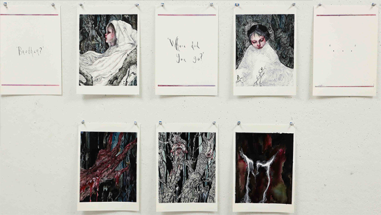 A collection of illustrations from Embrace of the Forest's Corruption (2021). Five pages are pinned in a row on the top of a white bulletin board with three pages pinned below them. In the first row there is a page that says 