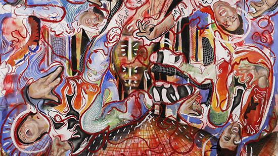 Drawing of a woman floating in each corner of the image, screaming, with an abstract depiction of a dorm room in the background.