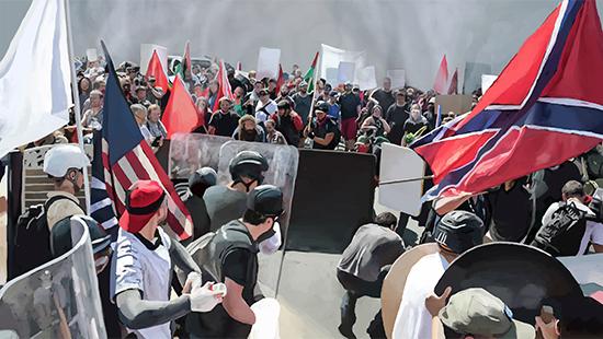 Painting of a crowd of protesters behind a barricade holding different blank signs and red, blue, and white flags.