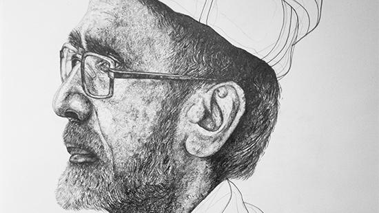 Black and white profile sketch of a bearded man looking to the viewer's left wearing glasses and a turban.