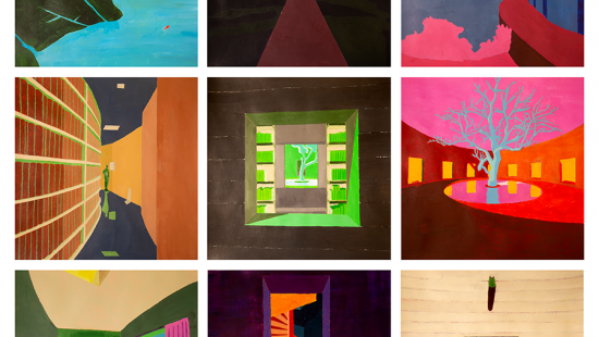 A series of nine colorful and abstracted paintings of buildings. 