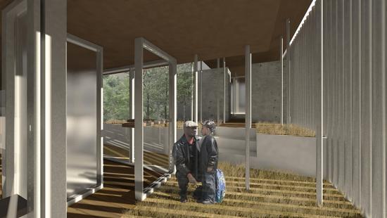Digital rendering of an architectural structure's interior, whose center is occupied by two individuals. 