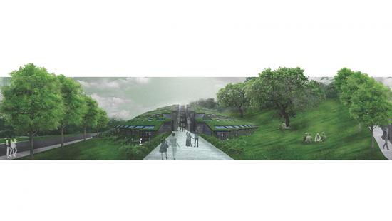 Digital rendering of an architectural structures exterior, surrounded by greenery. 