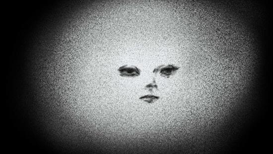 Black and grey image of feminine facial features (eyes, nose, and mouth) imposed over a grainy grey oval and black background