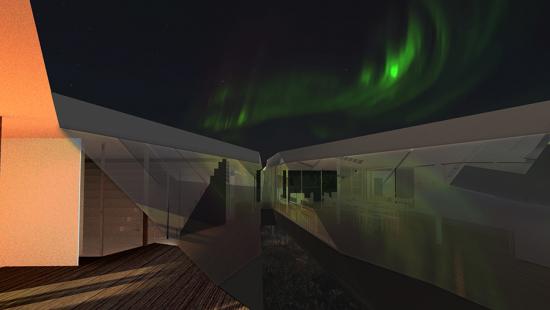 Digital rendering of an architectural structure, with the northern lights occurring in the sky above. 