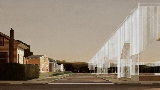 Digital rendering of an architectural structure across from a series of suburban houses. 
