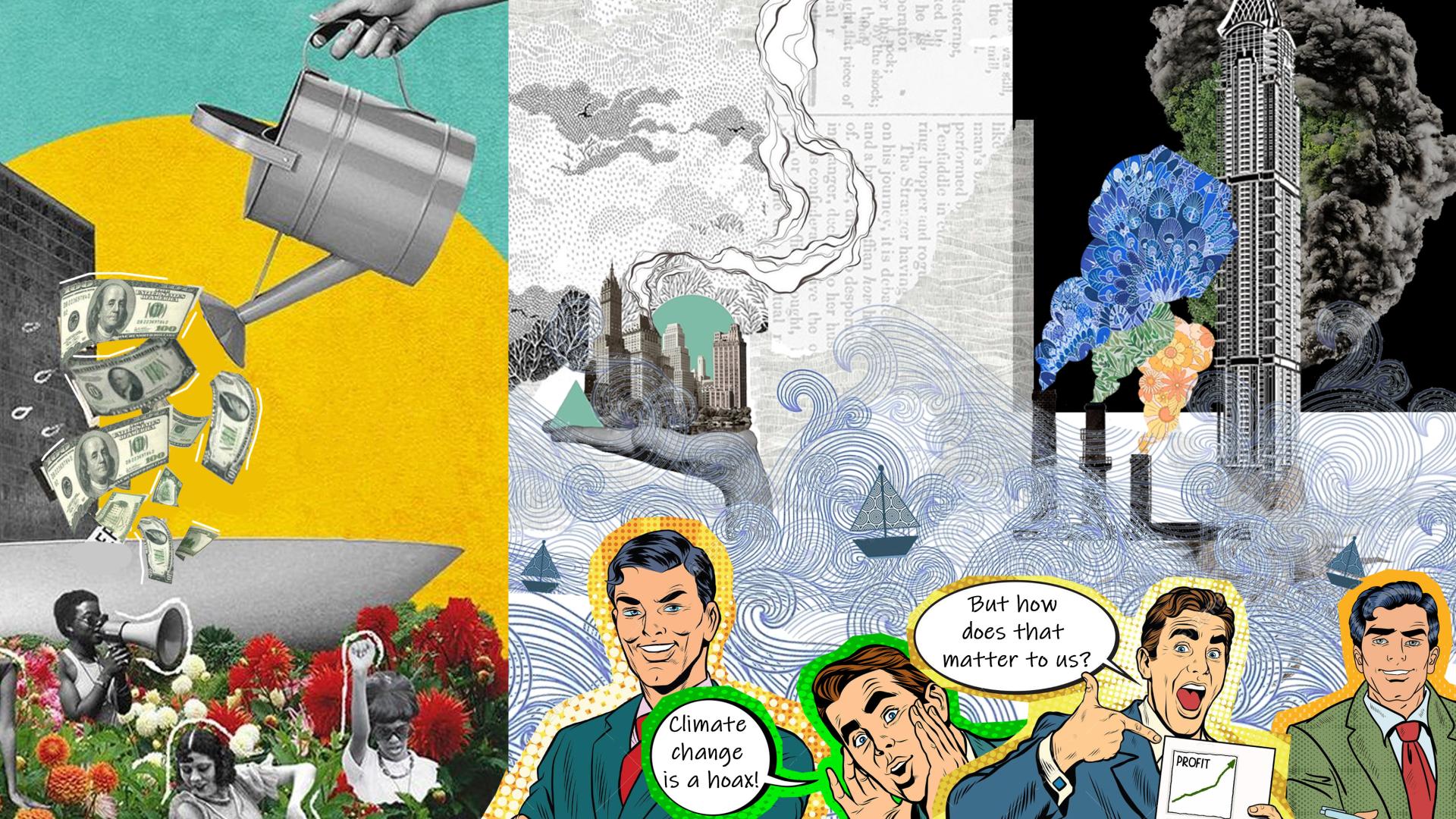 A collage of different elements depicting money, cities, climate change, and corporations.