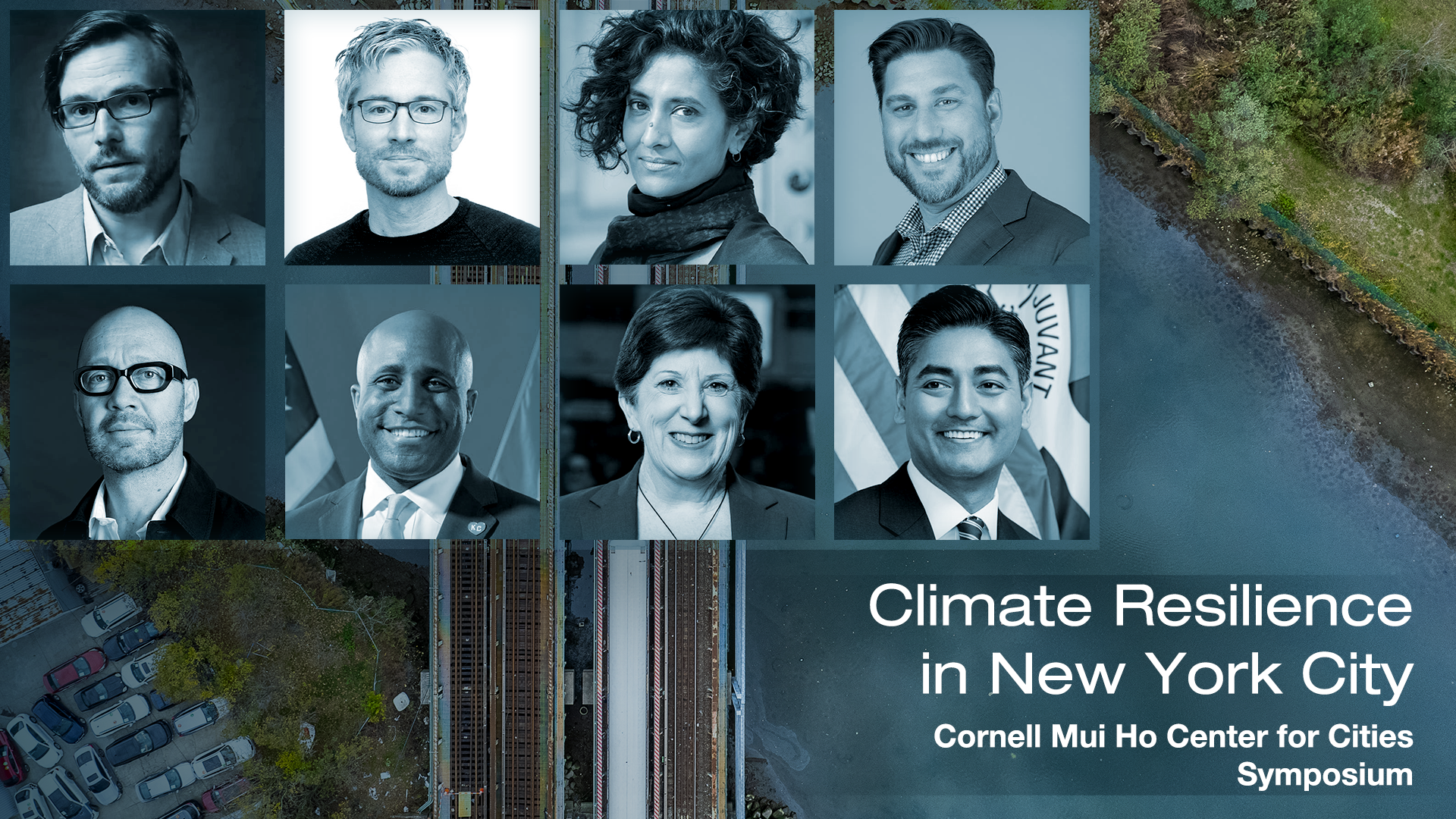 a collection of headshots on a background of an aerial view of New York City.