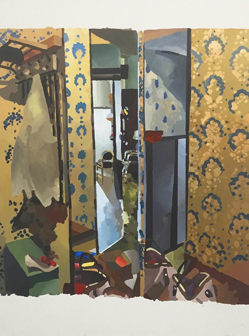 painting of a room with a door and abstract objects on the floor