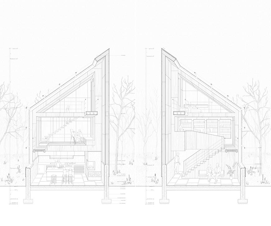 Digital rendering and cross section of an architectural structure. 