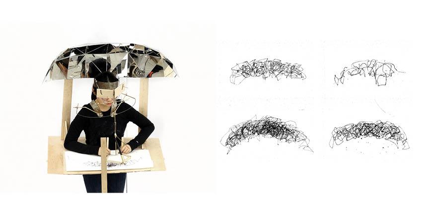 Left: Study of a figure using a wearable drawing machine. Right: Arching scribbling black lines. 