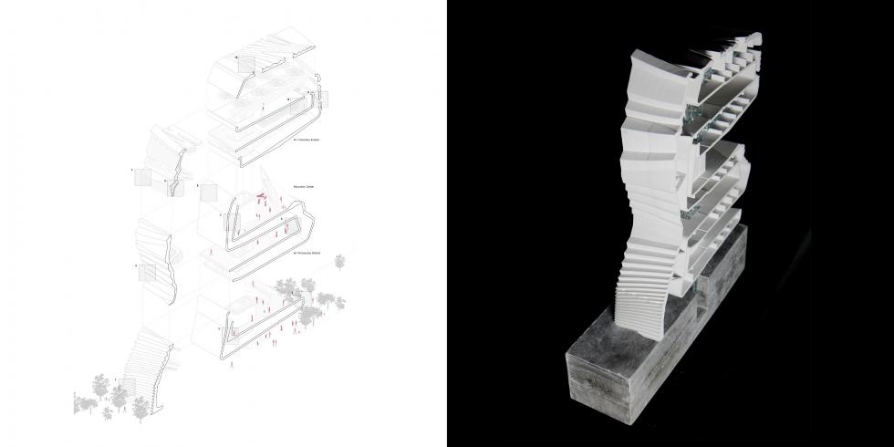 LEFT: drawing of vertical structure with stairs that switchback and forth. RIGHT: model of drawing. 