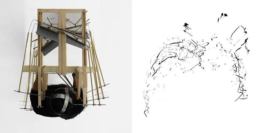 Left: Bird's-eye view of figure wearing a drawing machine. | Right: Black lines and splotches in varying directions. 