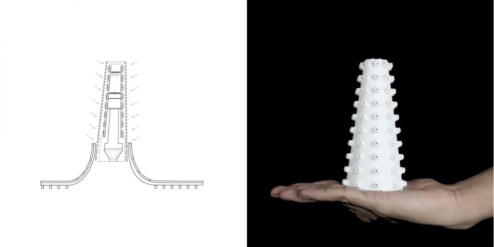 LEFT: drawing of thin vertical pyramid structure. RIGHT: model of drawing. 