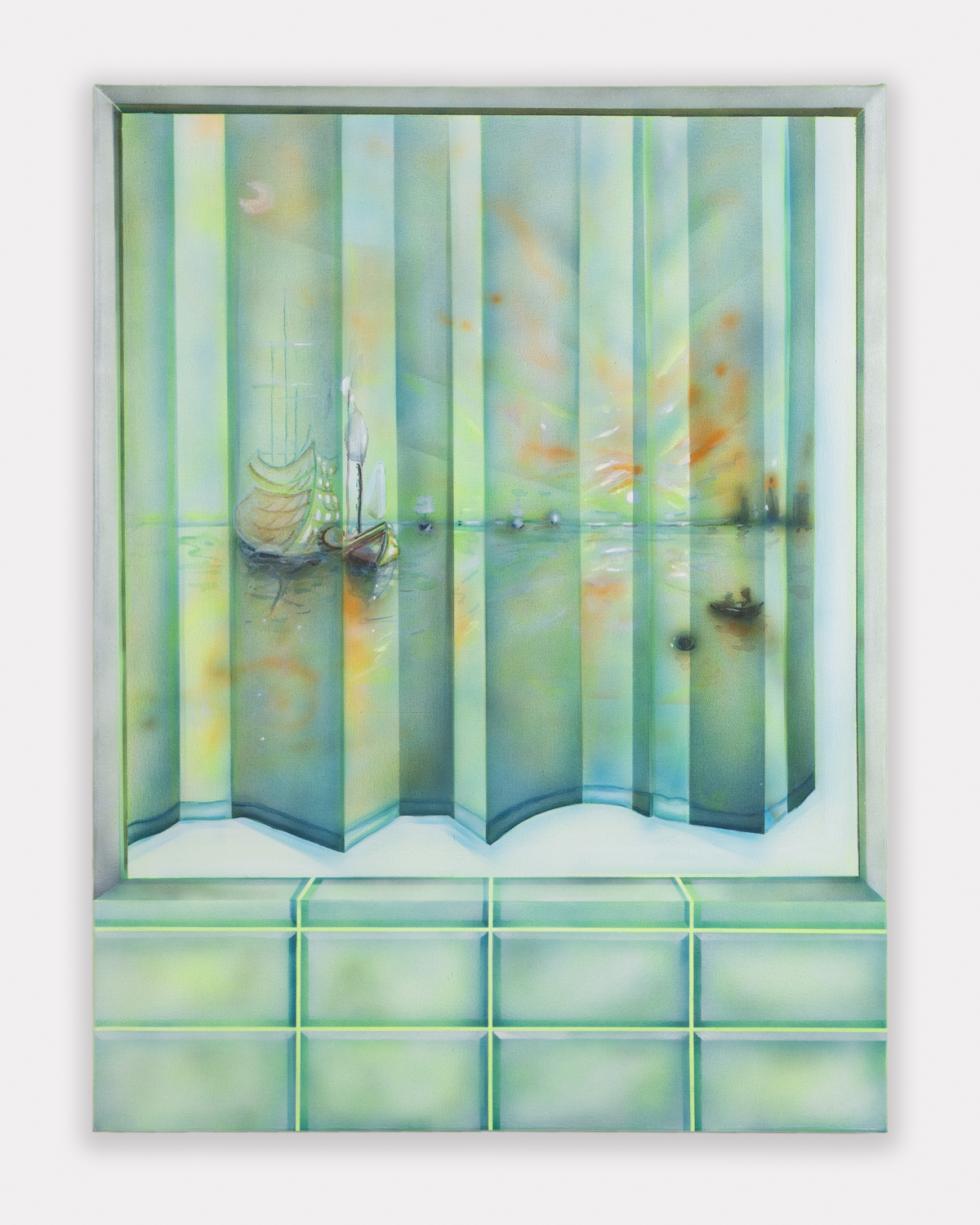 A hazy green and orange painting that looks like a shower curtain and the tiles of a bathtub. On the shower curtain is an image of a body of water with a ship sailing on it.