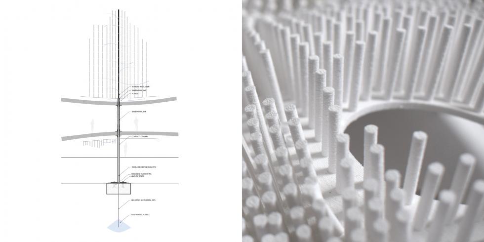 LEFT: drawing of structure with strong vertical and horizontal lines. RIGHT: close-up of many thin, tall cylinders.   