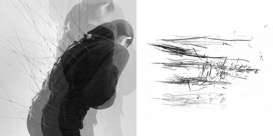 Left: Female using a drawing machine | Right: black lines with varying darkness and direction. 