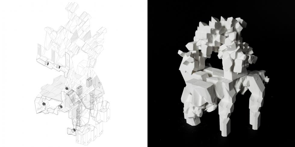 LEFT: drawing of a structure compiled of merged geometrical shapes. RIGHT: model of drawing. 