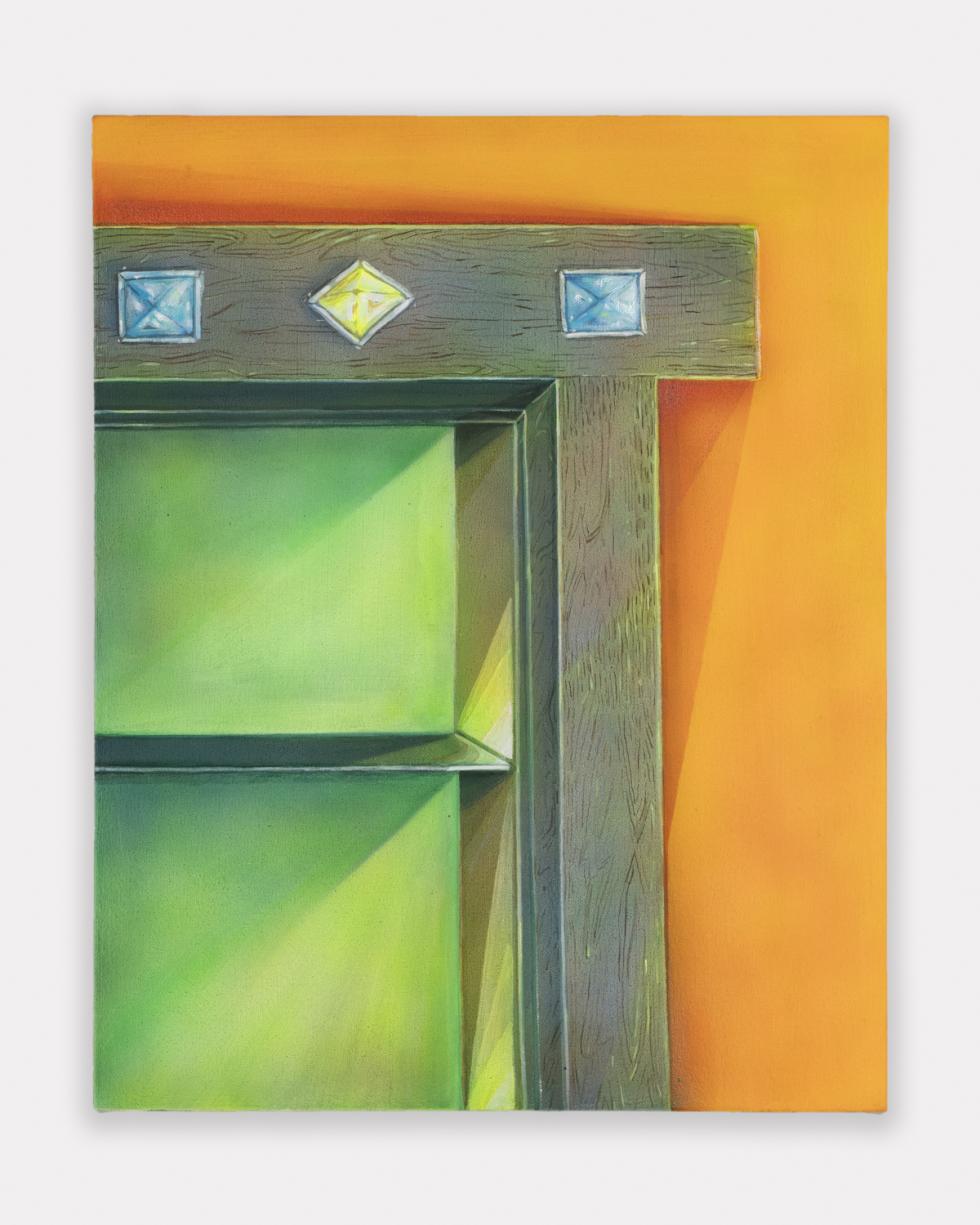 A close up painting of the corner of a window. The window frame is brown, with gemstone-like decorations across the top, green window blinds, and an orange wall in the background.