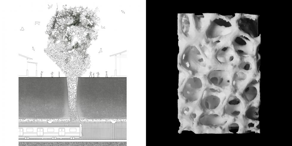 LEFT: drawing of people and birds above a subway train with mushroom cloud-like shape. RIGHT: cubed model with holes