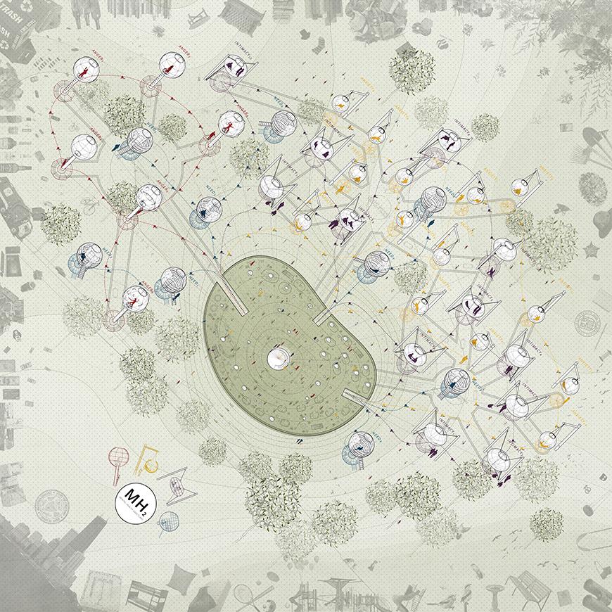 Map with trees and circular sections connected by lines. 