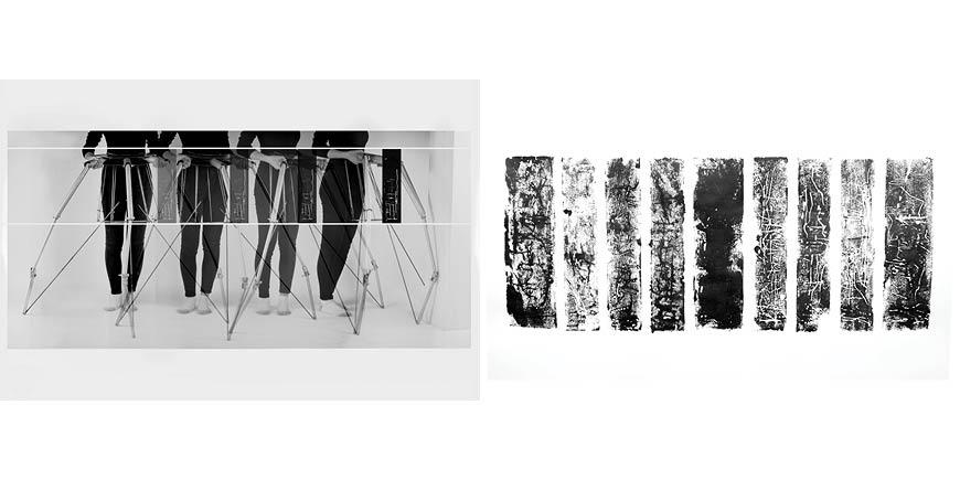 Left: Lower half of a figure using a drawing machine | Right: Black and gray textured vertical rectangles. 