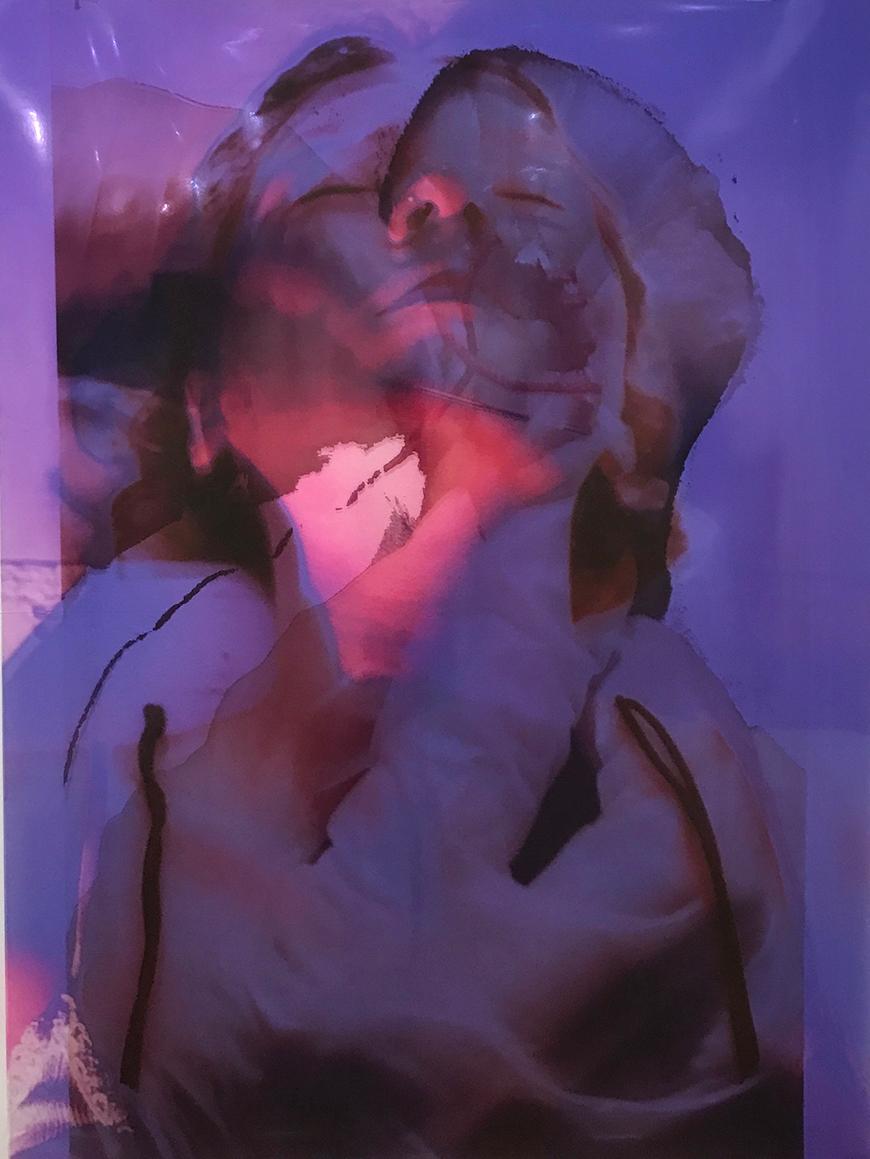 Transparent image in purple, red, and pink of someone looking back with their eyes closed.