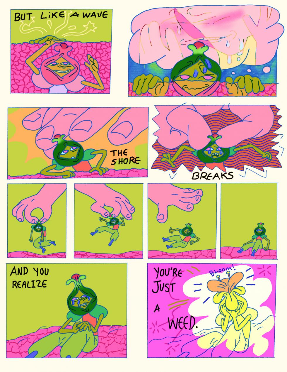 Brightly colored cartoon depicting a figure in various poses asking philosophical questions, in bright pinks, green, blues and purples.